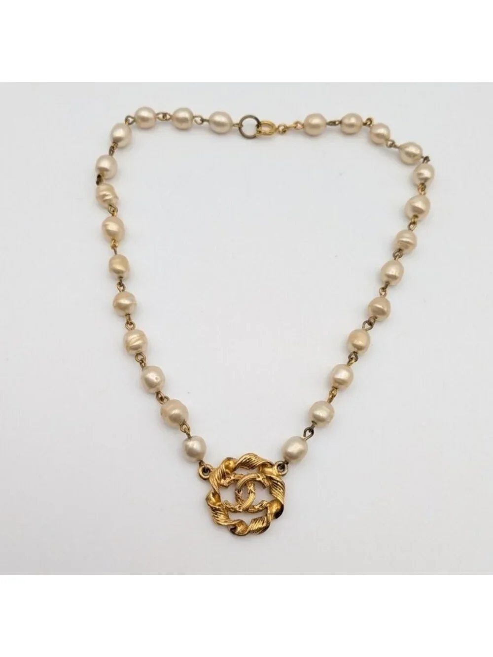 Chanel Gold Faux Pearl CC Logo Necklace Twist First Era Vintage